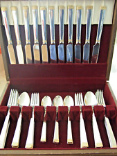 58 Pc SET INTERNATIONAL STAINLESS FLATWARE w/ GOLD ACCENTS INS435 Service for 11 picture