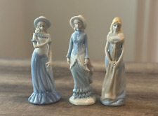 Set of 3, Victorian Lady Figurine Glazed Porcelain Blue White. picture