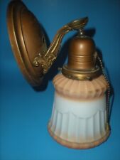 Antique Brass Wall Sconce Fixture With vtg Art Deco Polychrome Pleated Shade picture