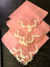 Set of 7 Vintage Pink Dinner Napkins Cotton Linen with Crocheted Edge picture