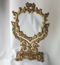Vtg Cast Iron Goldtone Vanity Table Mirror Victorian Tilt Ornate Pedestal 12 in picture
