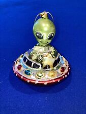 Vtg Blown Glass Green  Alien UFO Spaceship Christmas Ornament picture