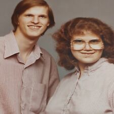 Vintage Olan Mills Young couple photo young man + woman red striped shirts  1983 picture