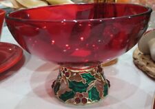 RED Teleflora Pedestal Glass Christmas Bowl Holly & Berries Metal Base 5