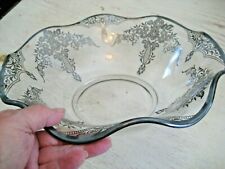 Vtg Clear Glass SILVER OVERLAY LG SERVING BOWL Ruffled Edge FLORAL Lattice OLD a picture