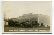 Wulf Bros. Garage Garden Plain, Kansas,  IHC Harvest Machines, Weber Wagons RPPC picture