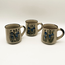 Vintage Otagiri Stoneware Mugs - Set of 3 Blue Iris Flowers Cup Drinkware Korea picture