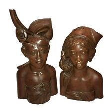 HAND CARVED INDONESIAN BUSTS SIGNED A A FATIMAH WOMAN WARRIOR 40s BALI SET OF 2 picture