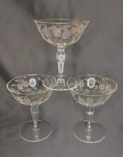 3 Vintage Champagne / Wine Glass Etched Stemware Flower & Leaves Elegant Crystal picture