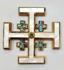 Beautiful Jerusalem Cross seashell olive wood hand carved holy land gift 16*16cm picture