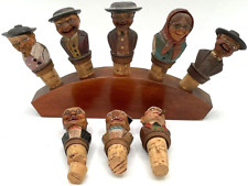 Vintage Set 8 Hand Carved Wooden Bottle Stopper Stand - See Damage in Pictures picture