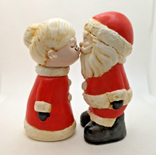 Vintage Hand Painted Chalkware Kissing Santa Claus Mrs Claus Kitsch Figurine Set picture