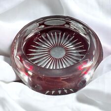 Vintage Czech Bohemian Ruby Red Cut To Clear Round Ashtray Dish Crystal Glass picture