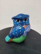 Mexican Folk Art Pottery Handpainted Mexican Love on Blue Ceramic Owl Figurine picture
