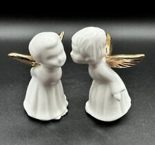Vintage Giftco Pair Porcelain Kissing Angels White Gold Wings Figurines picture
