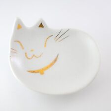 Japanese Handmade Small Plate Cat Shape White Gold Line Pottery Seto ware picture
