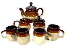 Vintage Brown Stoneware Tea Set Sugar Creamer Mugs Tri-Color Bands Taiwan picture
