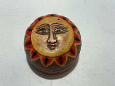 Round Vintage Wooden trinket box with painted carved sun face picture