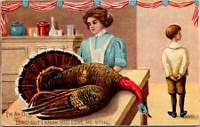 Thanksgiving Day Greetings Postcard Woman Cleaning Turkey Patriotic Bunting picture