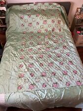 VTG 50s Twin Bedspread Cottage Floral Quilted Top Taffeta Sides MCM Mint Green picture
