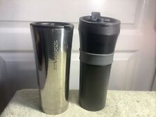 Vintage 2012 Starbucks Black W/Rubber Grip & Stainless Insulated 16oz Tumblers picture