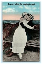 Hug Me While The Hugging Is Good Cute Couple Lovers Vintage Postcard picture