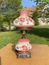 ~STUNNING~ Hand Painted Pink Roses GWTW Hurricane Parlor Electric Table Lamp 22
