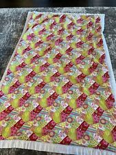 Vintage 41”x63” Quilt Blanket Satin Trim Pink Yellow Green Teal Floral Cottage picture