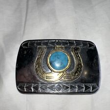 Vintage  Wester Cowboy Style Belt Buckle Double Horseshoe Turquoise Silver  Gold picture