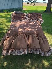 Vintage SEARS Quilted Bedspread & 2 Shams 1970s Brown Ruffled Eyelet Cottagecore picture