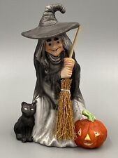 Vintage Halloween Witch Figurine Black Cat Jack O'Lantern Bisque Figurine 4.5” picture