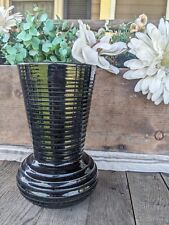 Vintage 1950’s Ribbed Art Deco Black Glazed Ceramic Vase picture