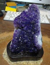 LARGE AMETHYST CRYSTAL CLUSTER  GEODE F/ URUGUAY CATHEDRAL  WOOD STAND AGATE RIM picture