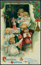 Victorian Children with Tiny Santa Claus~Antique Christmas Postcard~k310 picture