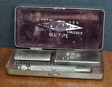 VTG Stainless Gillette Razor & Razor Blade Holder & Case OLD TYPE Abc Pocket Ed. picture