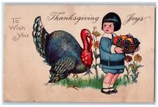 c1910's Thanksgiving Joys Turkey Little Girl With Fruits Basket Antique Postcard picture