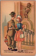 Vintage BRUSSELS Belgium MANNEKEN PIS Comic Postcard Soldier and Girl / French picture