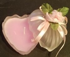 Candle Pink Glass Heart Shaped 2-Piece Clam Shell Floral Rose Bow VTG 3