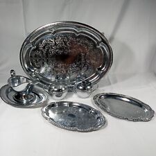 Vintage 1970’s Irvinware 8 Piece Silver Plated Etched Serving Trays Boat Cup Set picture