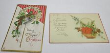 2 Antique Christmas Postcards Bell Poinsettia Wreath 1920s picture