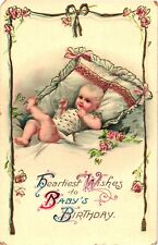Heartiest Wishes Baby's Birthday Unused Vintage Embossed Glossy Postcard picture