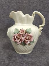 Vintage Cream Ceramic Water Pitcher with Pink 3D Floral Design 8