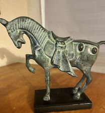 Tang style antique bronze medal, prancing horse statue With wood base. RARE FIND picture