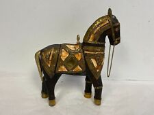 Vintage 1970’s Indian Hand Crafted Carved Wood Brass Inlay Horse Sculpture MINT picture