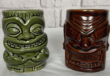 Tiki Hawaiian Mugs Coffee Cups Green Brown Glossy Happy Cheesy Grin Lot 2 picture