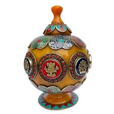 Amber Tibetan Turquoise Coral Stone Rice Offering Urn Jar Vessel Buddhist Nepal picture