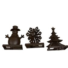 Vtg 3 Rustic Snowflake Snowman Tree Stocking Holder Hanger Brown Cast Iron Heavy picture