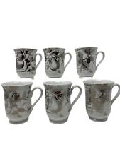 Pottery Barn Botanical Silver Leaf Berries/Fruit/Script on White Porcelain Mugs picture