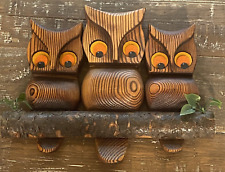 Witco Cryptomeria Carved Owls Felt Bead Eyes Burnt Wood Retro Wall Art 70s Vtg picture