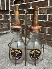 Set of (2) SIGNAL Motor Oil Bottles with Metal Wire Oil Bottle Carrier Rack picture